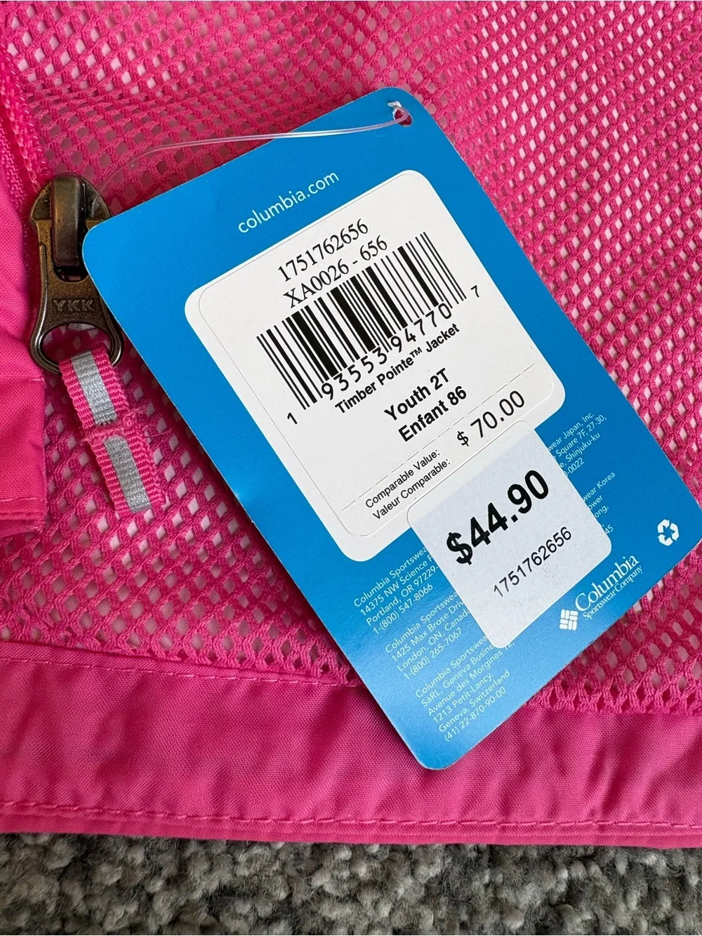 NWT Columbia Hot Pink Kids' Timber Pointe Jacket Full Zip Hooded size 2T